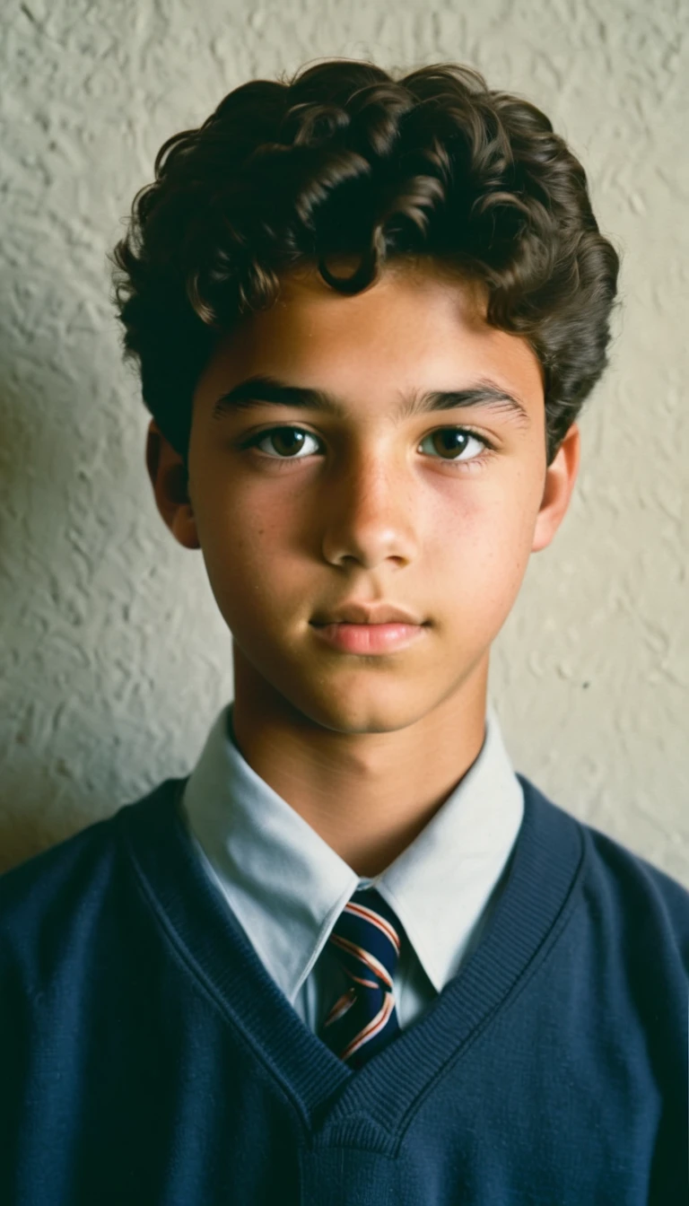 analog film photo, modern day photo of a young student, 14 years-old, male, brown-black hair, short curly quiff, brown eyes, caucasian, round face, oval-shaped jawline, bulbous nose, full lips, thick eyebrows, soft features, stocky broad frame, chubby, resembles Gaten Matarazzo, (relaxed school uniform:1.1), silhouette, backlit, split lighting, half face in shadow, RAW Photograph, dslr, hard lighting, hard shadows, high quality, film grain, Fujifilm XT3, detailed skin with visible pores, insane details, masterpiece, 8k, 35mm photograph, dslr, kodachrome, faded film, desaturated, 35mm photo, grainy, vintage, Kodachrome, Lomography, stained, highly detailed, found footage, yearbook portrait, contemporary, 2024