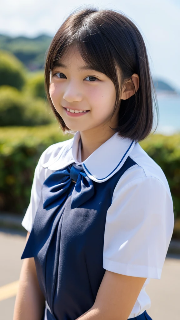 (1 girl, Solo, Japanese girl), ,Best Quality, masutepiece, 8K, High resolution, Ultra-detailed, (portrait), looking back, black hair, short hair, hair clip, shiny skin, flat chest, smile,  (junior high m, white collared shirt, bowtie,), summer, blue sky, thunder head, ocean,