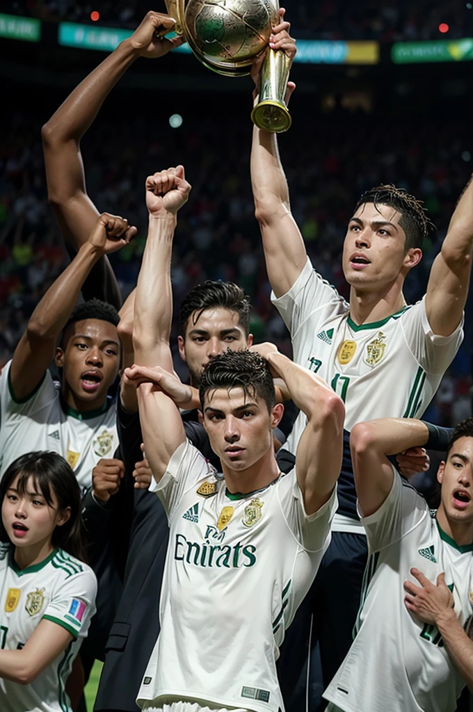 cristiano ronaldo lifts the world cup trophy with his team