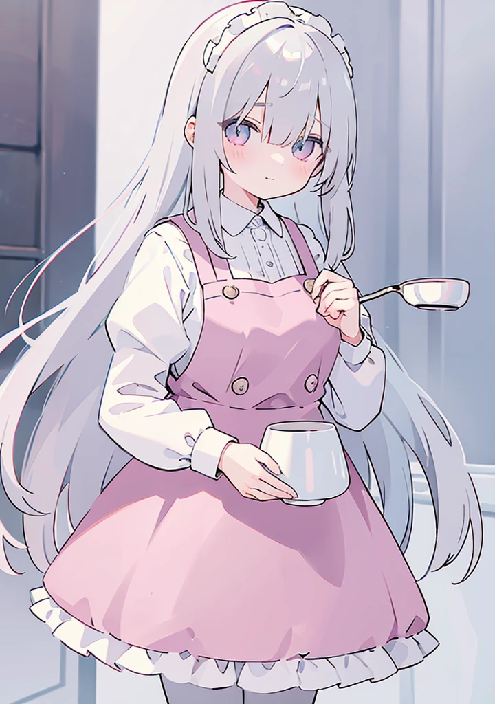 (((Long gray Beautiful Hair))),gray hair,kawai,(((Eyes visible from bangs,hair over eyes:1.3))),,Huge breasts,(pink color eyes),,(pink slanted eyes),1girl in,bangs,long gray hair, pantyhose,Cowboy Shot,white background,short hair,smiled,(wearing pink maid clothes), (maid dress type must have a perfect pinky vest), Bangs should be long to the tip of the chin(((, focusing on the bowl containing the dough and holding a spoon to stir it))), Kitchen room background, Perfect arm fingers,,, 1 girl, ((The image must match the tag)) Bangs almost cover the eyes full body (The character's entire body from top to bottom is completely visible)