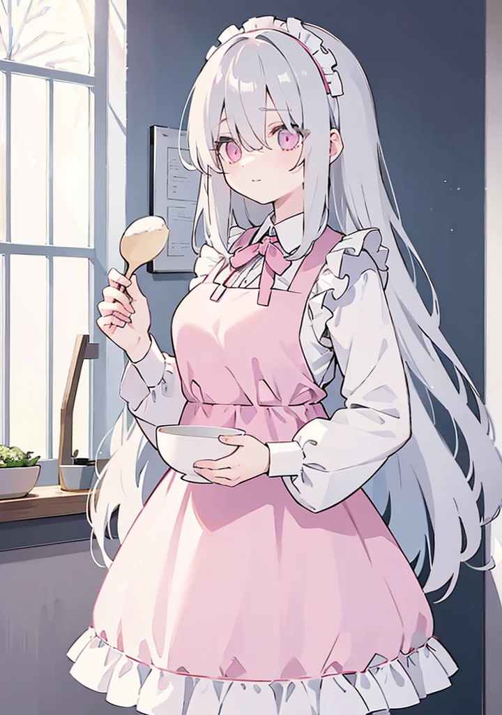 (((Long gray Beautiful Hair))),gray hair,kawai,(((Eyes visible from bangs,hair over eyes:1.3))),,Huge breasts,(pink color eyes),,(pink slanted eyes),1girl in,bangs,long gray hair, pantyhose,Cowboy Shot,white background,short hair,smiled,(wearing pink maid clothes), (maid dress type must have a perfect pinky vest), Bangs should be long to the tip of the chin(((, focusing on the bowl containing the dough and holding a spoon to stir it))), Kitchen room background, Perfect arm fingers,,, 1 girl, ((The image must match the tag)) Bangs almost cover the eyes full body (The character's entire body from top to bottom is completely visible)
