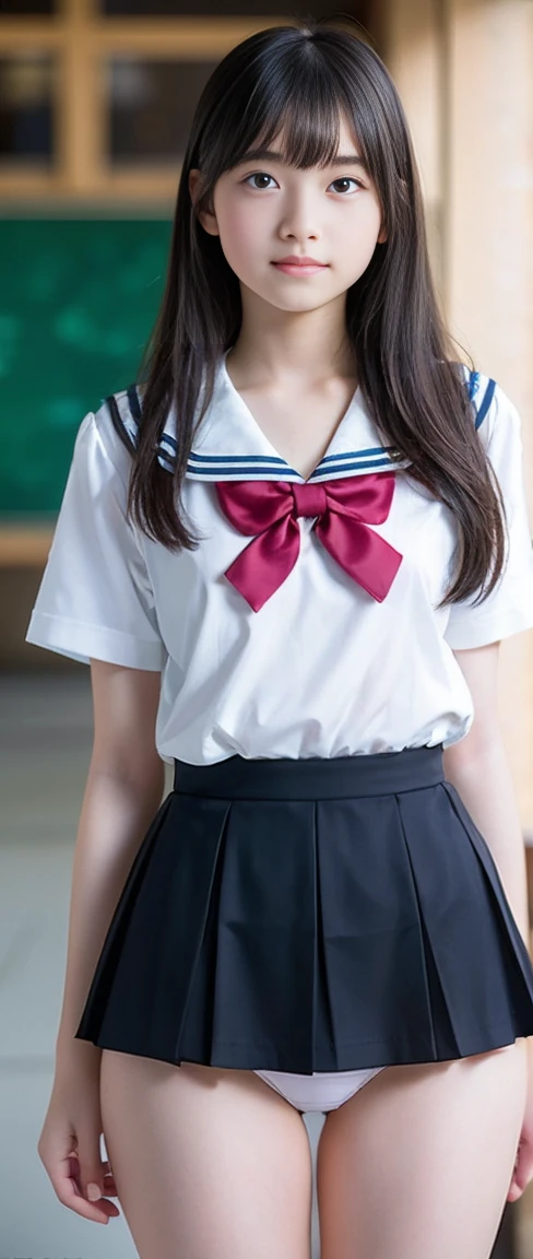 (work of art, highest quallity:1.2), 8K, Beautiful young woman, 85 mm,Official AR RAW photos, baby face、Big breasts show me your ears、photoshoot, cute face, thicc thighs, After school class, gazing at viewer, embarrassing、ssmile、no-makeup, Film grain, Chromatic aberration, sharp focus, Facial Light, clear lighting, Ten generations, face detailed, background bokeh、((((((15 year old high school girl))))))、Waist slender、sailorsuit、navy blue mini skirt、small white panties nsfw 