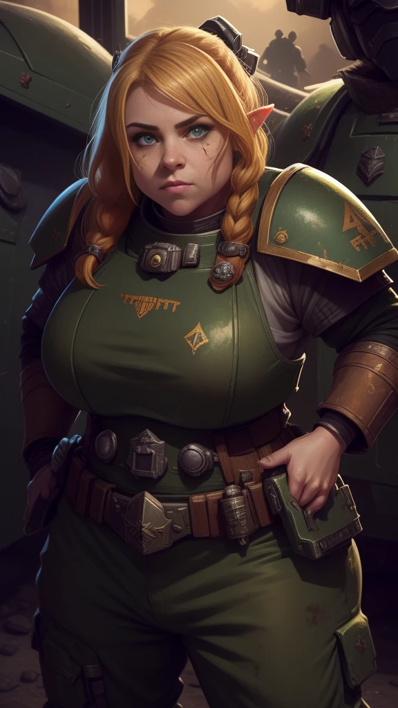 (high-angle shot), warhammer 40k imperial guardsman, ((female dwarf)). blonde hair, bare hand, hobbit, hafling, pants, (green bulletproof vest), ((large nose)), large expressive eyes, ((in a rusty spaceship)), chubby face, black paint under eyes, dirty, holding food