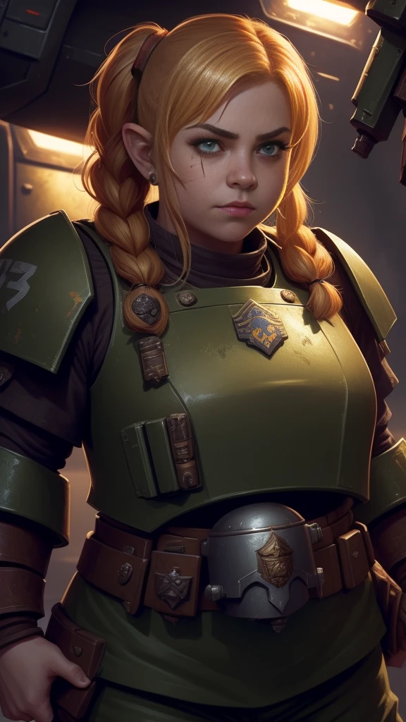 (high-angle shot), warhammer 40k imperial guardsman, ((female dwarf)). blonde hair, bare hand, hobbit, hafling, pants, (green bulletproof vest), ((large nose)), large expressive eyes, ((in a rusty spaceship)), chubby face, black paint under eyes, dirty, holding food