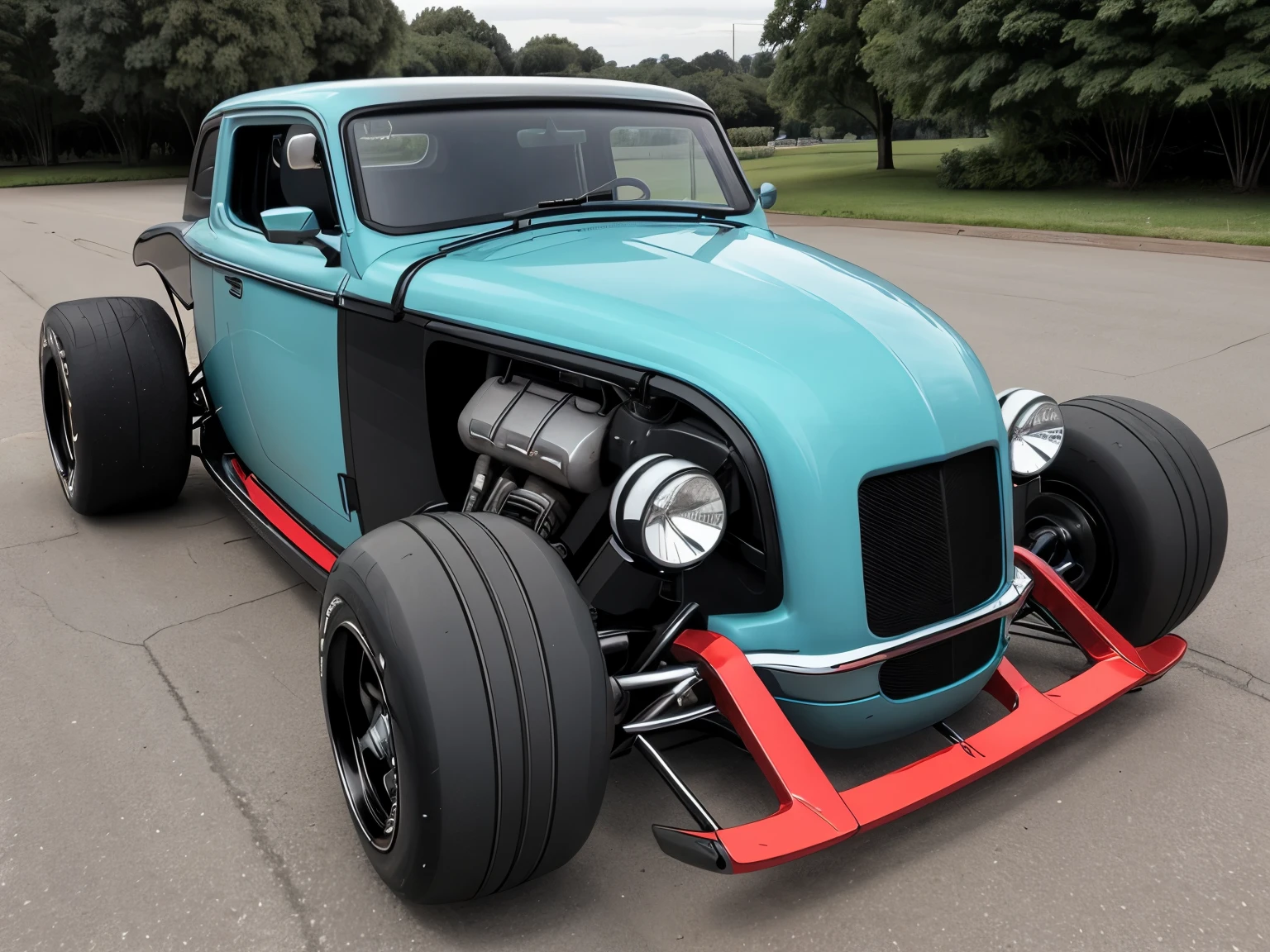 cyber punk (((Zeekers Hot Rod))) (With shiny border), Wide tires, In the parking lot,