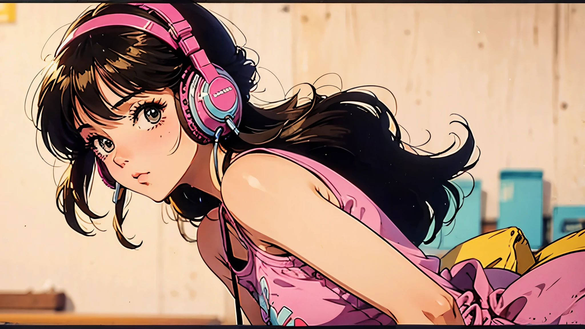 A girl, 80s anime style, retro, lo-fi, piercing, wearing headphones, upper body, solid white background