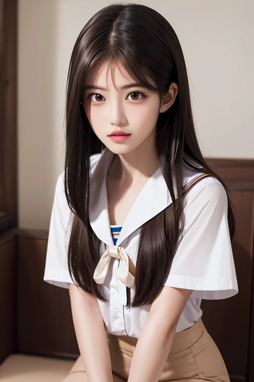 8K quality、Highest quality、Bust 75、Sailor uniform、Full body portrait、His white shirt is open, exposing his chest.、Beautiful lips、Beautiful body、Sexy expression、Exactly Imada Mio、Brown Hair、Mid-length hair、On the sofa、Sexy pose