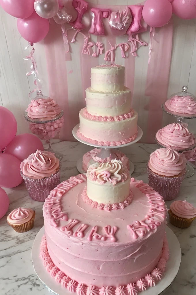 Pink cake on a celebration table, pink birthday party, 18 candles 