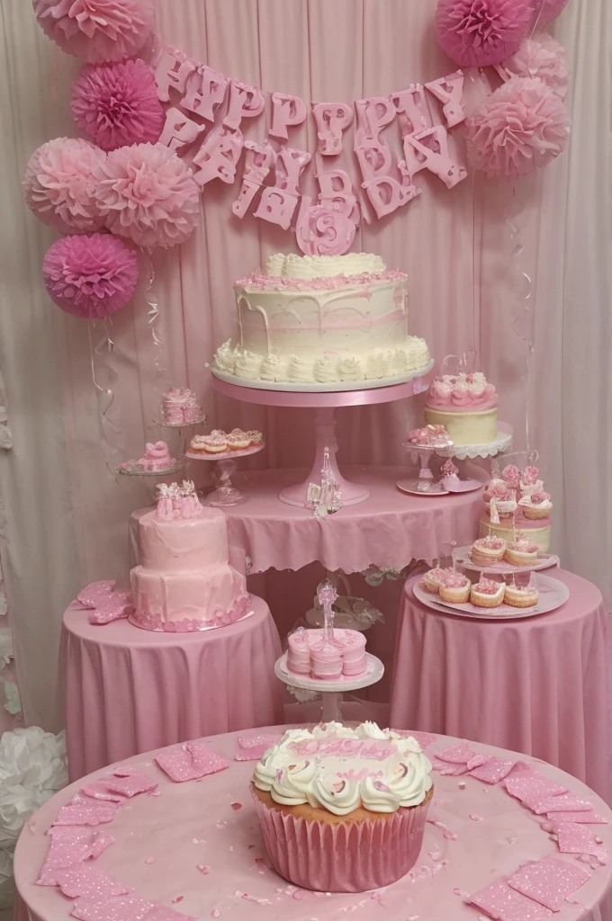 Pink cake on a celebration table, pink birthday party, 18 candles