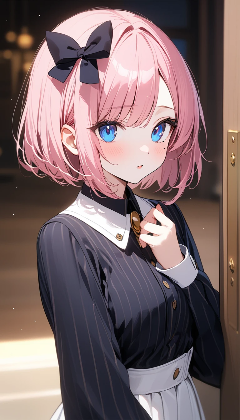 (1 girl),(Best Picture Quality, 8K, Masterpiece:1.3), (18year:1.5), ((pink lob hair:1.1)), (bob cut),(swept bangs), (cute eyes, pupil black, iris skyblue, youthful face), (mole under right eye), (standard weight), (small breasts), (glistening skin:1.1),(pale skin:1.2), ((Ishtar)).