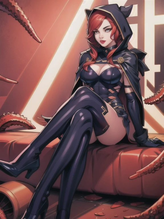 perfect eyes:1.2, detailed eyes:1.4, realistic:1.4, red hair, hair over shoulder, robe, cape, fringe, tentacles, argyle, checkered, clothing cutout, stripedthighhighs, black and red vertical striped thighhighs, makeup, lipstick, hood up, , sitting, 1girl, solo, (masterpiece:1.6, best quality),