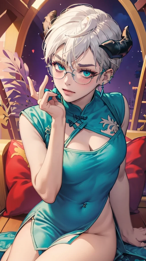 8k, masterpiece, best quality, highly detailed, 1 girl, tiefling, warlock, multicolored hair, very short straight hair green highlight hair on white hair, strippled hair, wearing glasses, round glasses, earrings, red eyeshadow, long eyelashes,navel piercing, blushed cheek, necklace, collarbone, mole, glamorous, purple and teal clothing, villainy, smirk, seductive face, close up view, rings, looking at viewer, demon horns, solo, chinese dress, ballroom, palace, blue pale moon, sitting, 