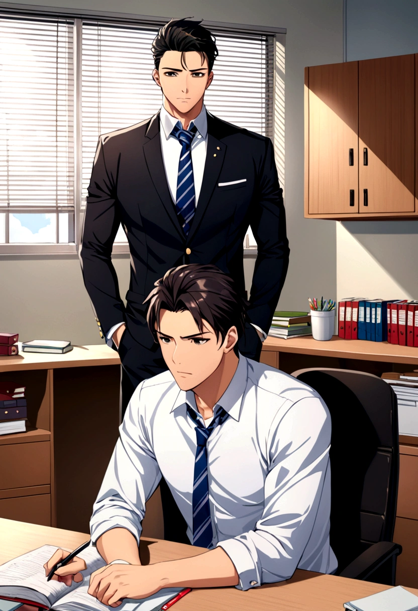 An extremely handsome boy who is the principal of a high school sitting in his office with a serious look. Having sex with a busty student