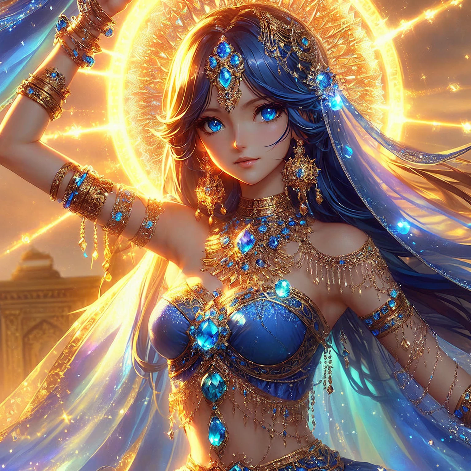 Close-up of a woman in a blue dress with lights shining behind her., extremely detailed Argerm, anime goddess, beautiful heavenly mage, High quality 8K detailed artwork., Argerm. anime illustration, Beautiful Fantasy Empress, beautiful devil girl, Fantasy anime artwork, beautiful goddess, Argerm style, Detailed digital anime art