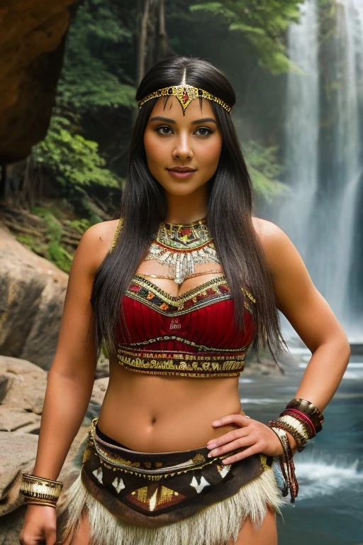 Araffe woman in native costume walking in front of a waterfall, Pocahontas, smile, retrato de un joven Pocahontas, retrato de Pocahontas, warrior dress, Warrior woman, Warrior Princess, amazon warrior, cave woman, dwayne johnson as wonder woman, Aztec warrior goddess, una hermosa Warrior woman, native american, tribal clothing, aztec princess portrait