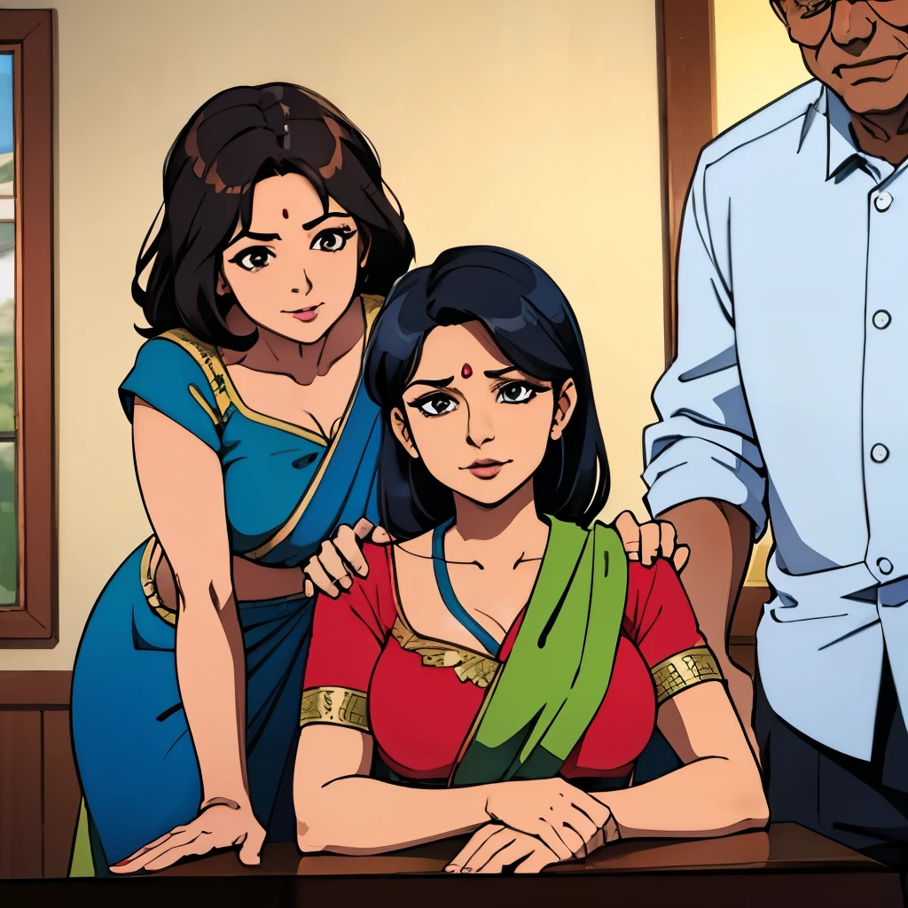 Indian hot mom in saree is leaning forward holding the table and an 60 year old man is holding the girl from behind fucking position 