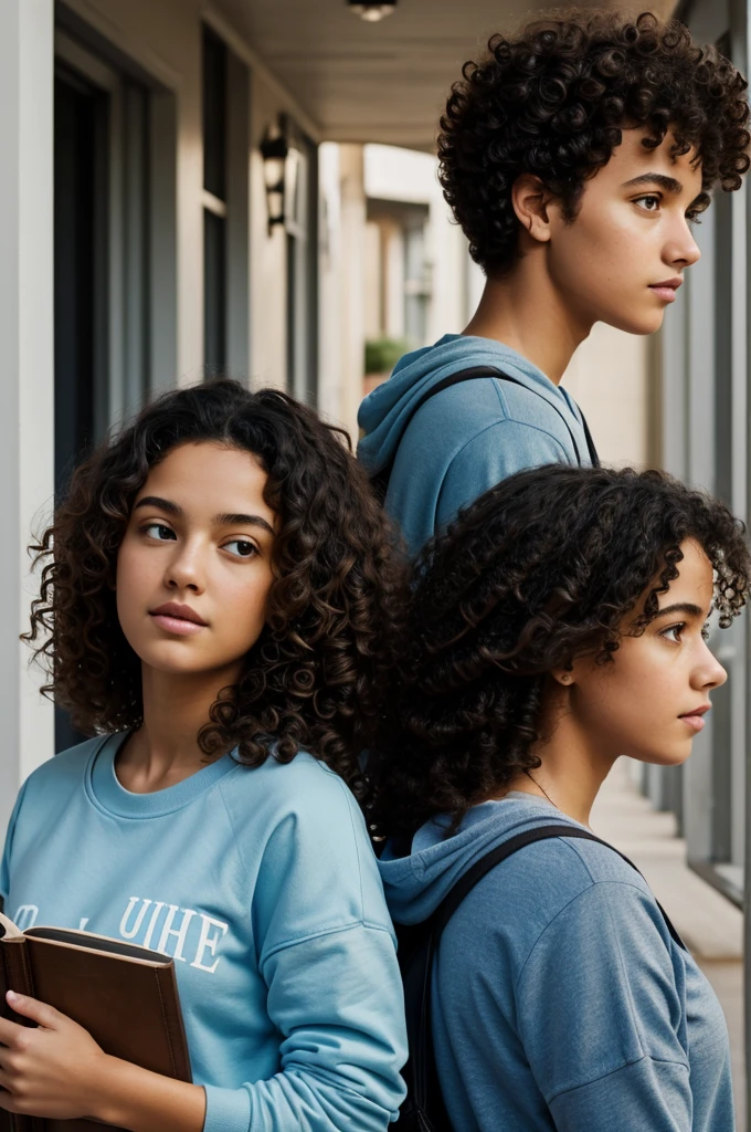 Girl with curly hair, light blue sweatshirt on her back with a slightly tall boy, black hair, brown eyes, both of them are in profile, that is, sideways, for a book cover that says right person, wrong time