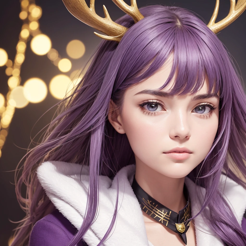 Create an image of a woman representing an MBTI debater (ENTP) type. She is facing forward with a neutral expression, like in a passport photo. She is wearing a sophisticated purple outfit. She has elegant deer antlers growing from her head, adding a unique and striking element to her appearance. The background should be simple and neutral, similar to a passport photo backdrop, ensuring that the focus remains on her serious and intellectual demeanor.
