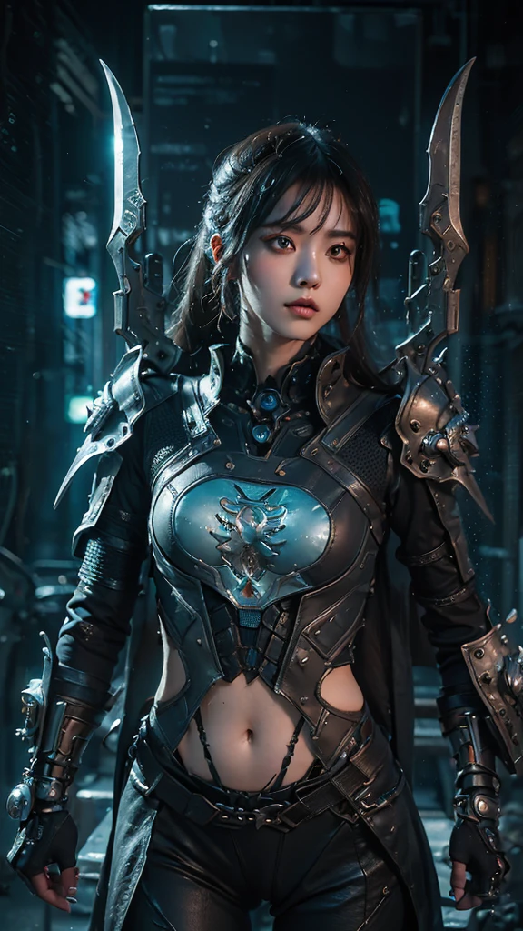 tmasterpiece,Best quality,A high resolution,8K,(Portrait photograph:1.5),(ROriginal photo),real photograph,digital photography,(Combination of cyberpunk and fantasy style),(Female soldier),20 year old girl,random hair style,By bangs,(Red eyeigchest, accessories,Keep one's mouth shut,elegant and charming,Serious and arrogant,Calm and handsome,(Cyberpunk combined with fantasy style clothing,Openwork design,joint armor,Combat uniformposing your navel,Photo pose,Realisticstyle,gray world background,oc render reflection texture