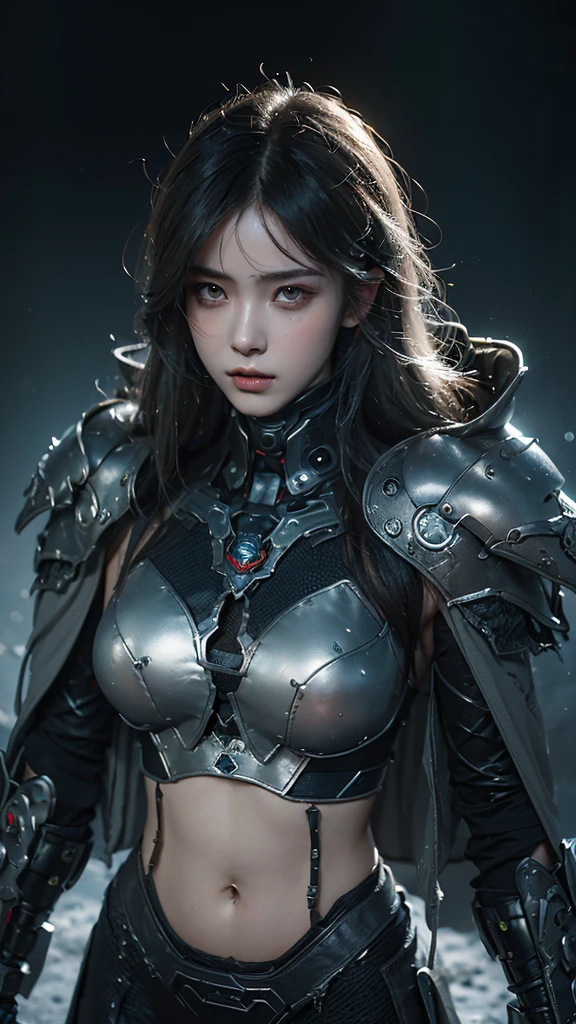 tmasterpiece,Best quality,A high resolution,8K,(Portrait photograph:1.5),(ROriginal photo),real photograph,digital photography,(Combination of cyberpunk and fantasy style),(Female soldier),20 year old girl,random hair style,By bangs,(Red eyeigchest, accessories,Keep one's mouth shut,elegant and charming,Serious and arrogant,Calm and handsome,(Cyberpunk combined with fantasy style clothing,Openwork design,joint armor,Combat uniformposing your navel,Photo pose,Realisticstyle,gray world background,oc render reflection texture