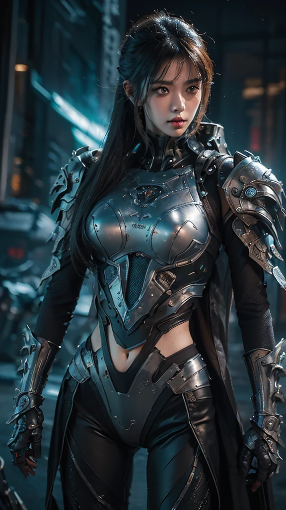 tmasterpiece,Best quality,A high resolution,8K,(Portrait photograph:1.5),(ROriginal photo),real photograph,digital photography,(Combination of cyberpunk and fantasy style),(Female soldier),20 year old girl,random hair style,By bangs,(Red eyeigchest, accessories,Keep one's mouth shut,elegant and charming,Serious and arrogant,Calm and handsome,(Cyberpunk combined with fantasy style clothing,Openwork design,joint armor,Combat uniformposing your navel,Photo pose,Realisticstyle,gray world background,oc render reflection texture