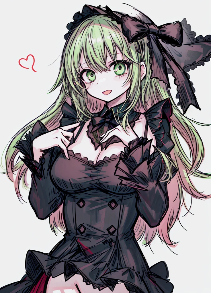 1girl ,green eyes,green hair,short maid dress ,pale skin,(high resolution, high detail, best quality),
open mouth,smile,happy, blushes, gluttonous, medium breasts