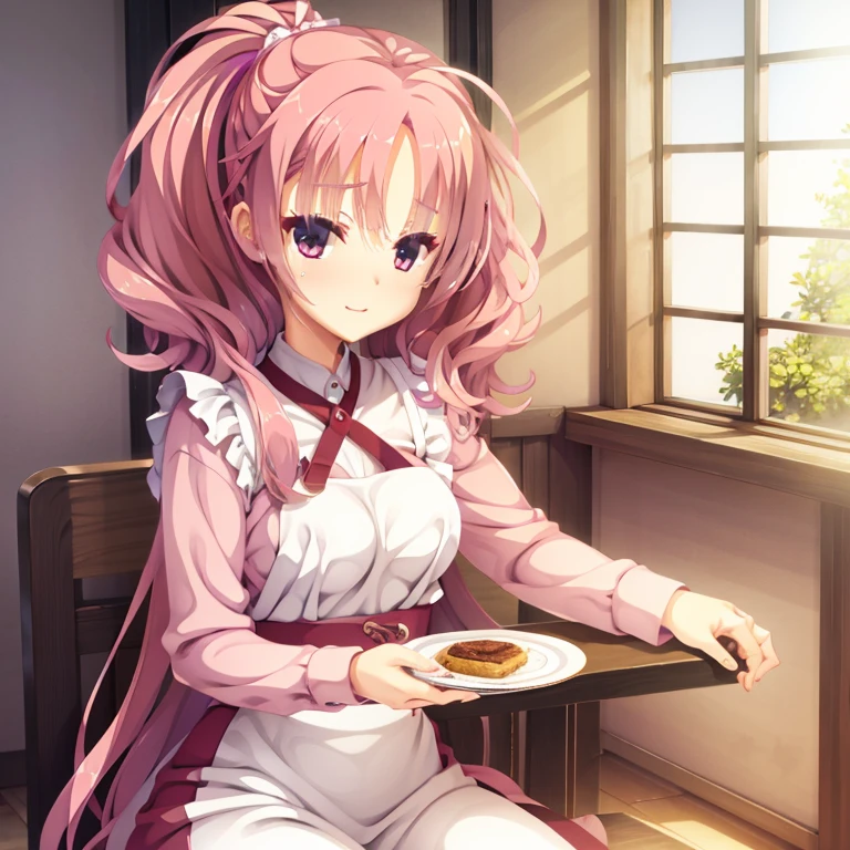 seductive, ((forehead to show)), attractive, sexy eyes, red coat, pink hair, delicate, young, long hair, detailed face, high definition, full body, maid, cute smile, cafe