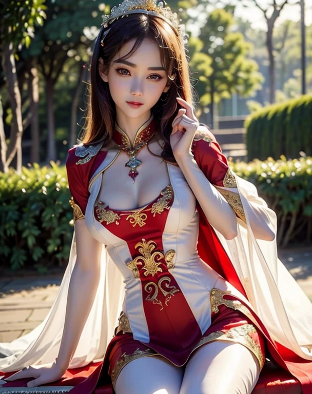 PRİNCESS, Female Warrior, short hair, full body armored, Sexy red and white bikini armor, Long-legged girl, Put on red and white gold boots, ,full body xianxia, Huge breasts，Looks shy, Sad face, fantasy clothing, Put on a cape, Lace cape，Wearing fantasy clothing, Real 8000g，Impeccable，masterpiece，Professional artwork，masterpiece，Light，Bloom，Perfect face，Pretty Face，fantasy，Fantastic and magical，not real，Intricate details，beautiful pattern