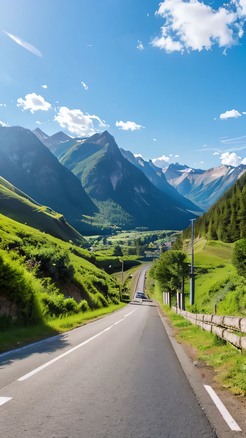 Road on the mountain with steel railings, mountains and forests in the background, best quality, sun shining, blue sky, grassy field, left-side view, horizontal view, 3d view, road is facing left, left view, side view, sideways view of the road, road in straight line, front view of mountains