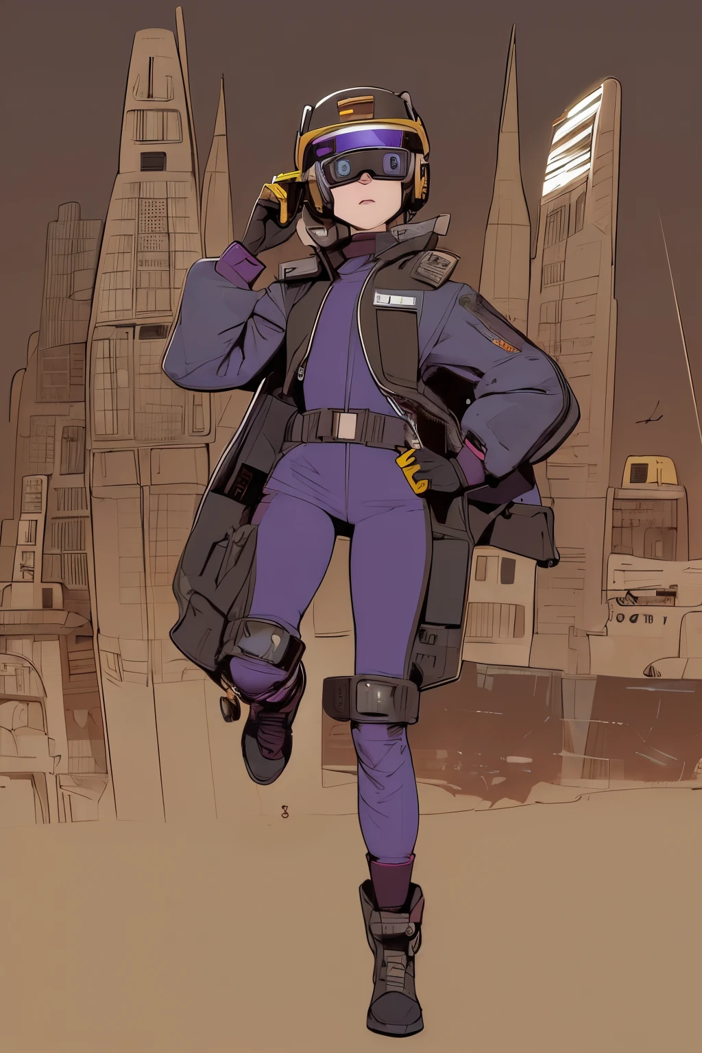 full body image, (ultra detailed,ultra high res,detailed background),((2D)),((flat color)),((muted color)), 1solo, looking at viewer, baggy purple flight suit, large shearling collared bomber jacket, (big yellow galoshes), plush collar, full body image, wearing vr goggles, ((baron desert intricut background)), ((apocalyptic city)), entire body in frame, ((drone next to her))