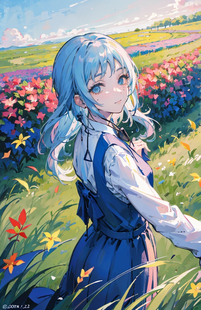Long blue hair, blue eyes, gentle smile, fields of flowers 🦵🌺🍁🎀☘️🍂🌼🌤️