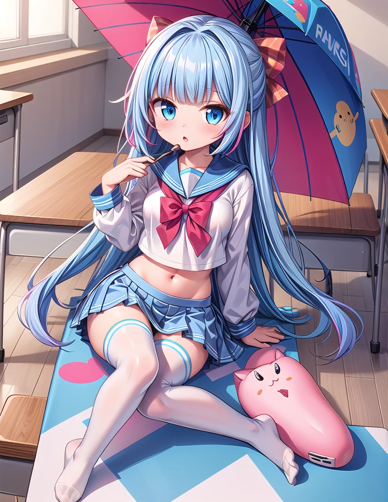1girl, solo, long hair, breasts, looking at viewer, blush, bangs, blue eyes, skirt, shirt, thighhighs, long sleeves, bow, navel, medium breasts, sitting, very long hair, school uniform, blue hair, full body, white shirt, pink hair, thighs, multicolored hair, pleated skirt, parted lips, serafuku, alternate costume, midriff, indoors, blunt bangs, bowtie, sailor collar, stomach, feet, white thighhighs, blue skirt, crop top, gradient hair, umbrella, no shoes, soles, desk, between legs, striped bow, classroom, school desk, colored tips, bow-shaped hair, sangonomiya kokomi