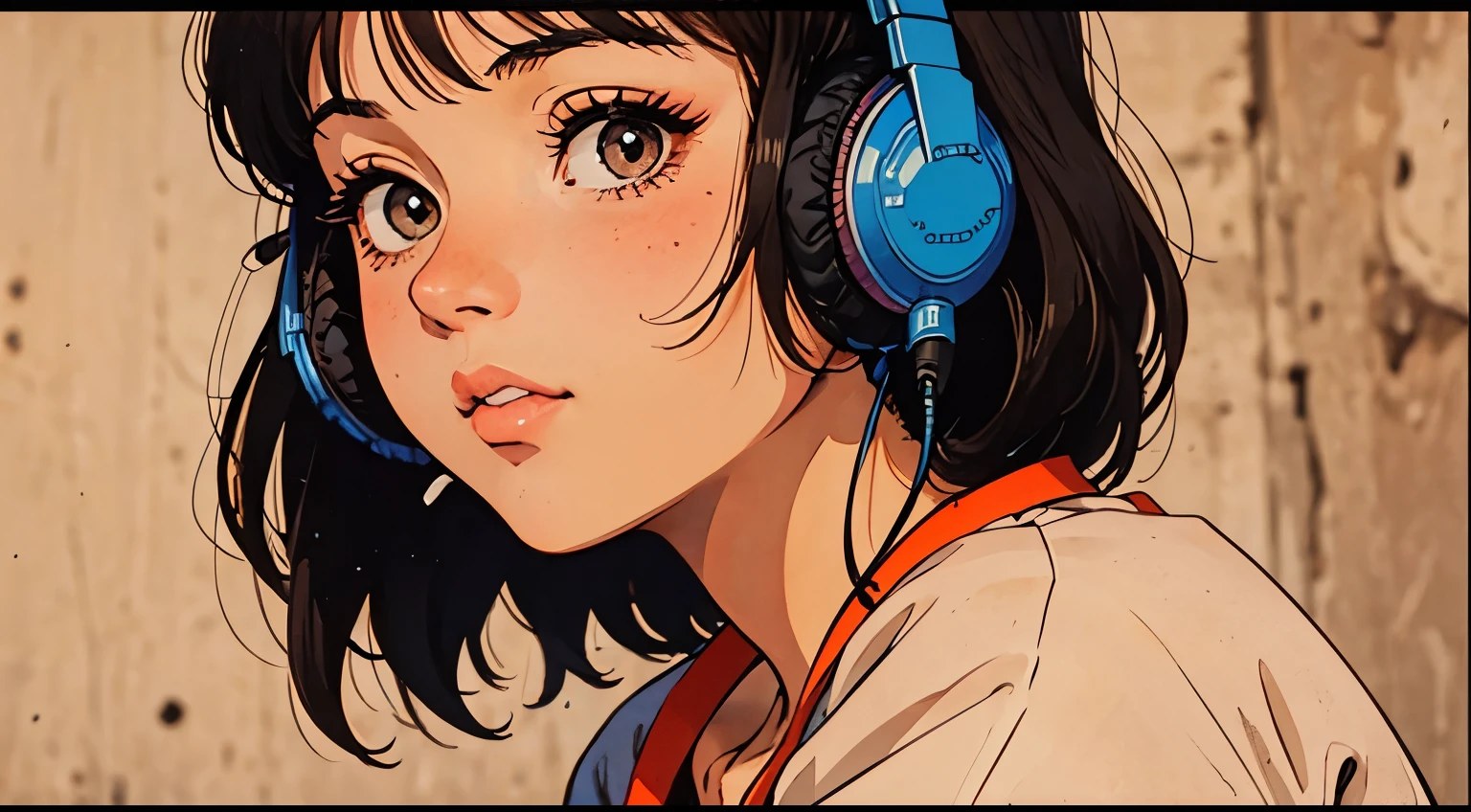 A girl, 80s anime style, retro, lo-fi, piercing, wearing headphones, in the morning, headshot, Close-up of face, intense closeup shot, Intense close-up, outside, solid beige background