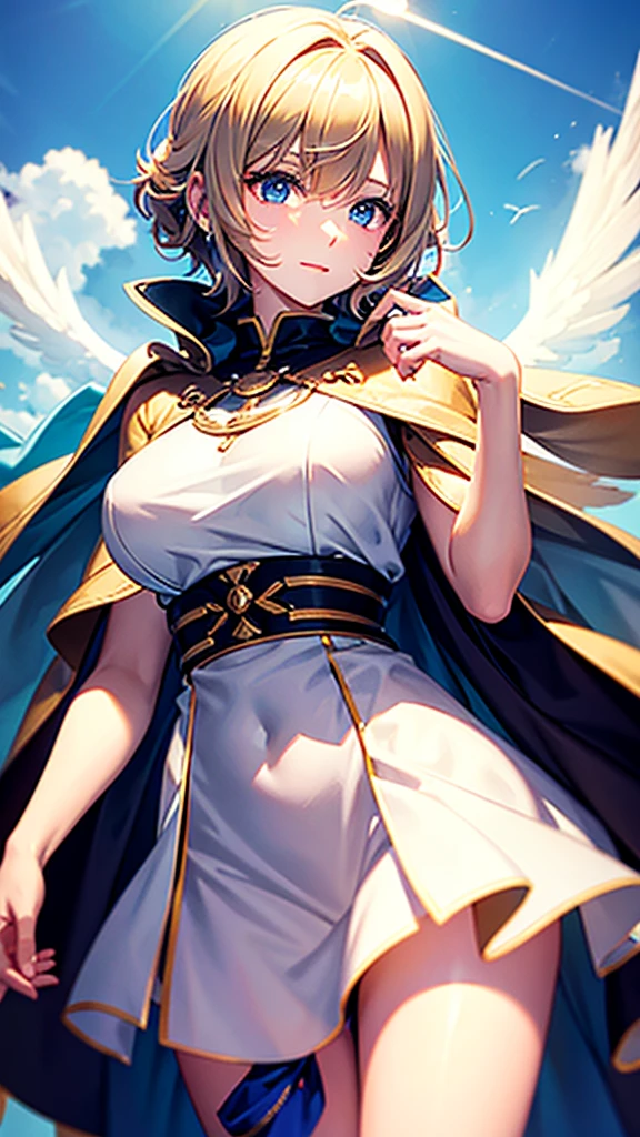 MAKE AN ANGEL WOMAN WITH GLOWING WINGS OF ENERGY AND SHORT BLONDE HAIR WITH A CLOAK FULL OF JEWELRY. EXTREMELY HIGH QUALITY