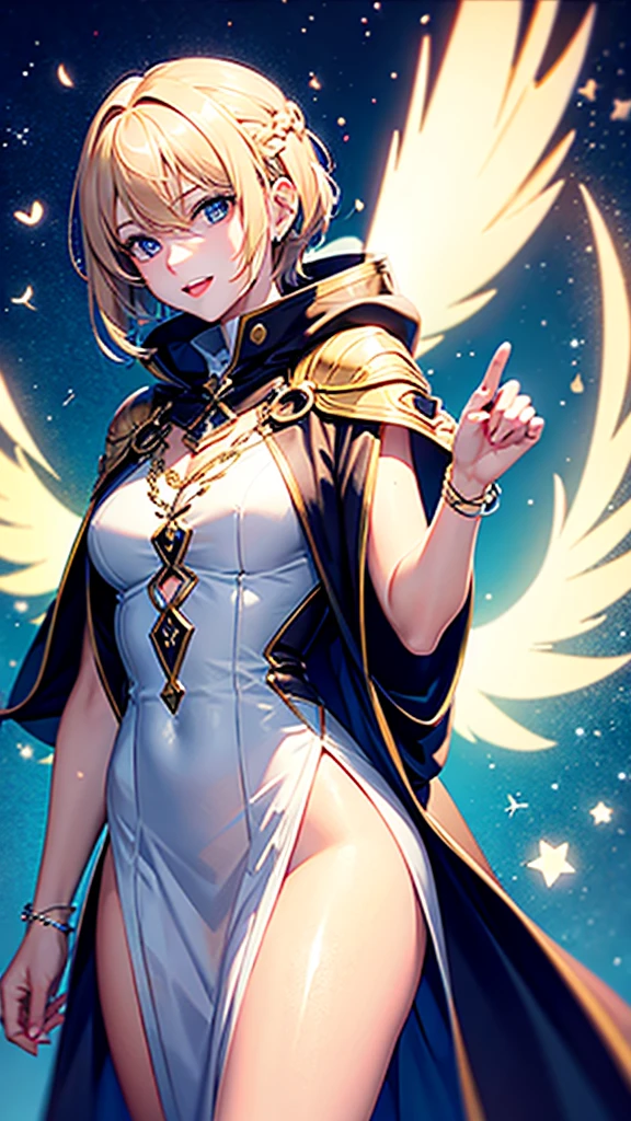 MAKE AN ANGEL WOMAN WITH GLOWING WINGS OF ENERGY AND SHORT BLONDE HAIR WITH A CLOAK FULL OF JEWELRY. EXTREMELY HIGH QUALITY