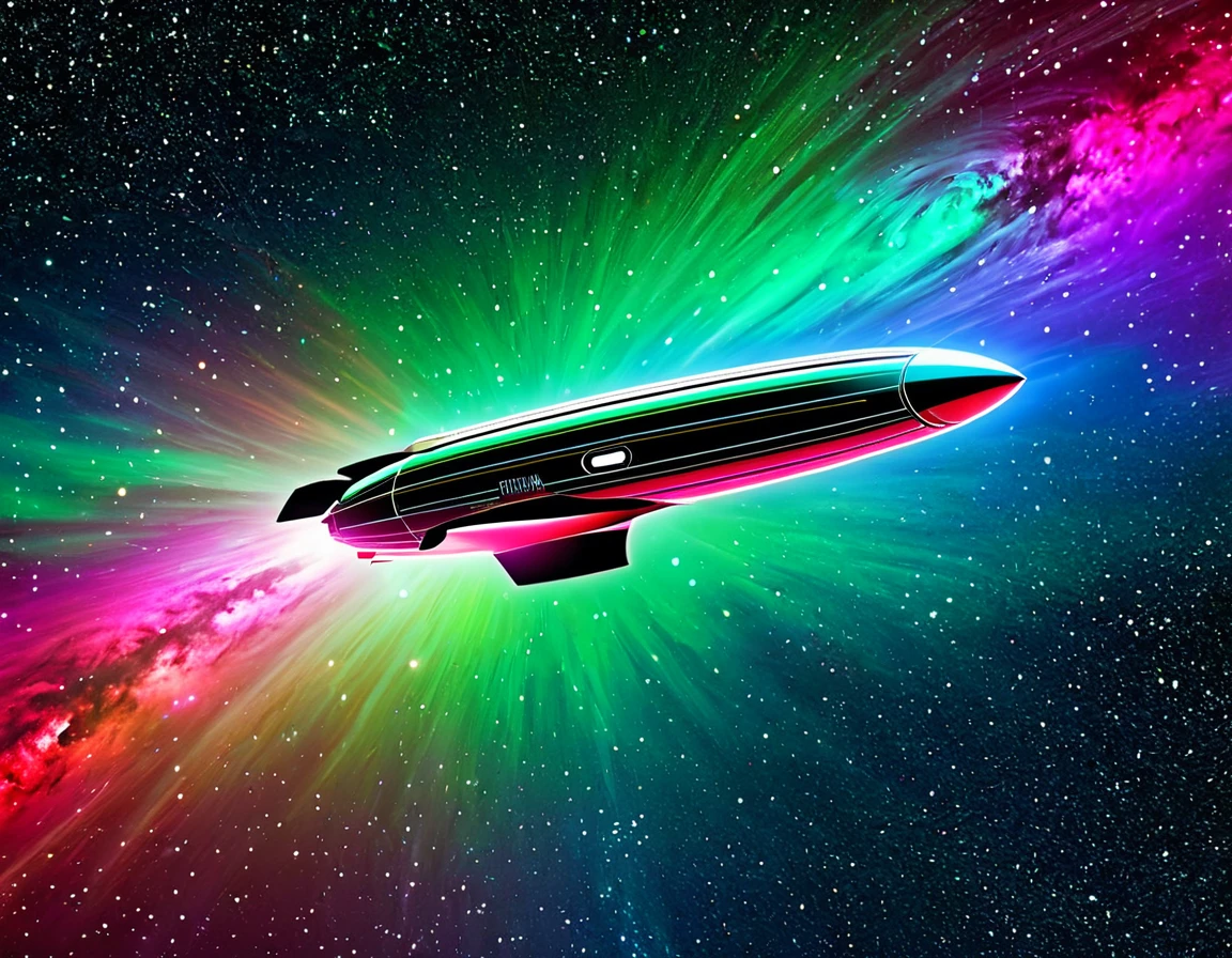 "A high-tech starship navigating through a colorful cosmic expanse, featuring a gradient backdrop from green to red with scattered stars. The ship's design resembles  penis with two large circular engines at the back, all highlighted by metallic textures and intricate details."
