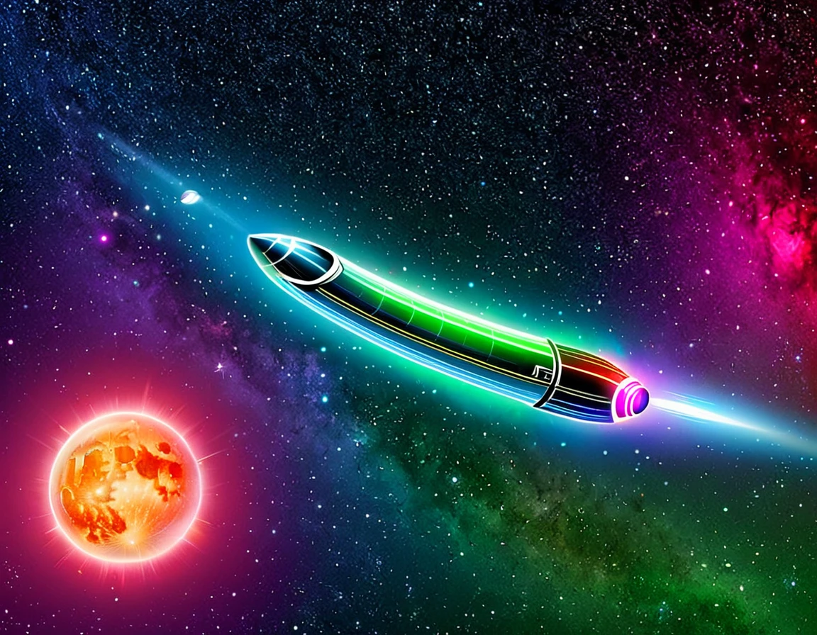 "A high-tech starship navigating through a colorful cosmic expanse, featuring a gradient backdrop from green to red with scattered stars. The ship's design resembles  penis with two large circular engines at the back, all highlighted by metallic textures and intricate details."
