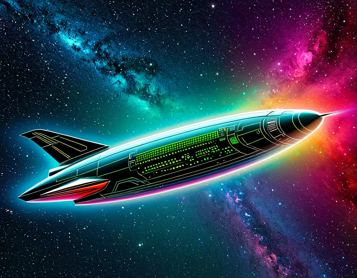 "A high-tech starship navigating through a colorful cosmic expanse, featuring a gradient backdrop from green to red with scattered stars. The ship's design resembles  penis with two large circular engines at the back, all highlighted by metallic textures and intricate details."
