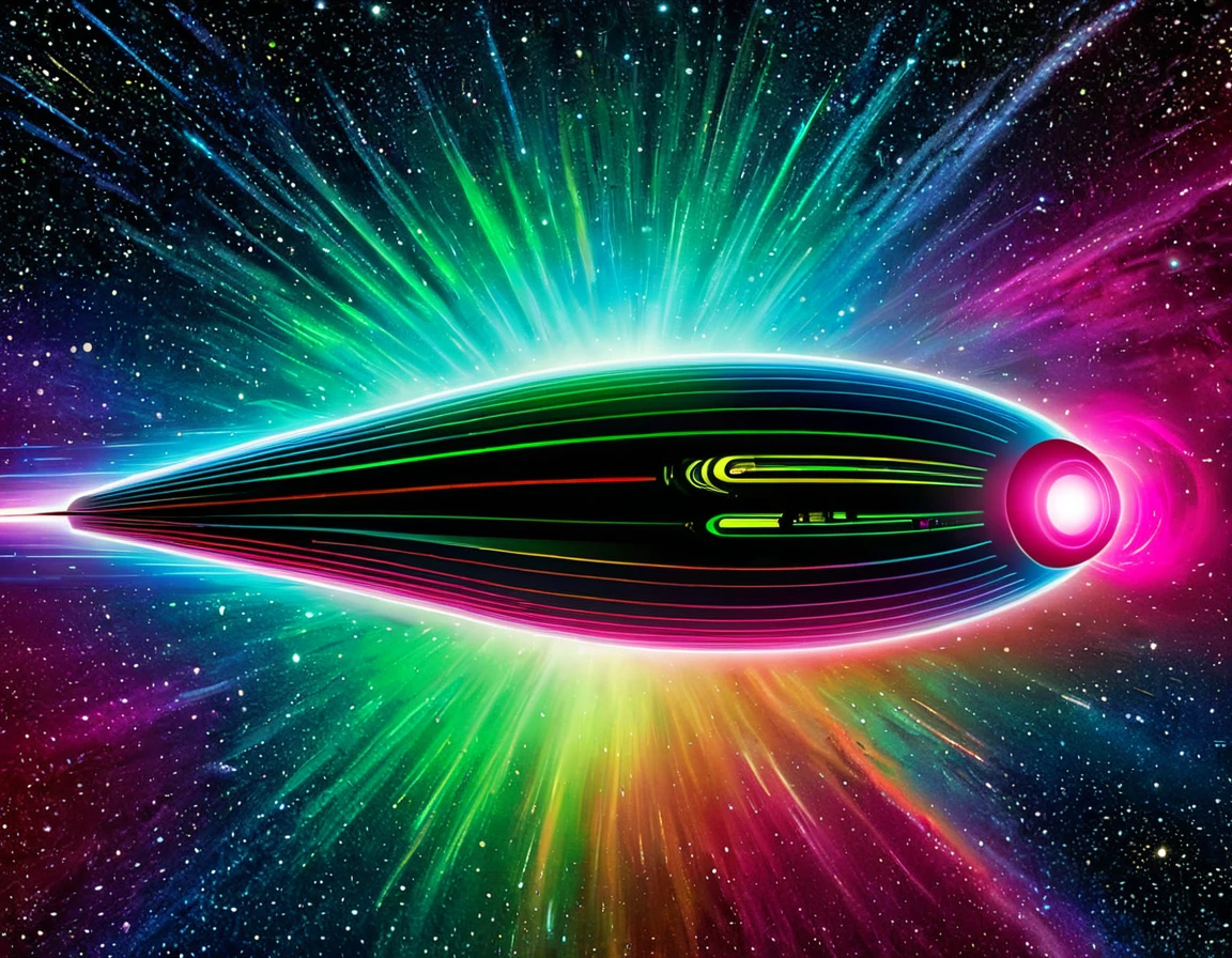 "A high-tech starship navigating through a colorful cosmic expanse, featuring a gradient backdrop from green to red with scattered stars. The ship's design resembles  penis with two large circular engines at the back, all highlighted by metallic textures and intricate details."
