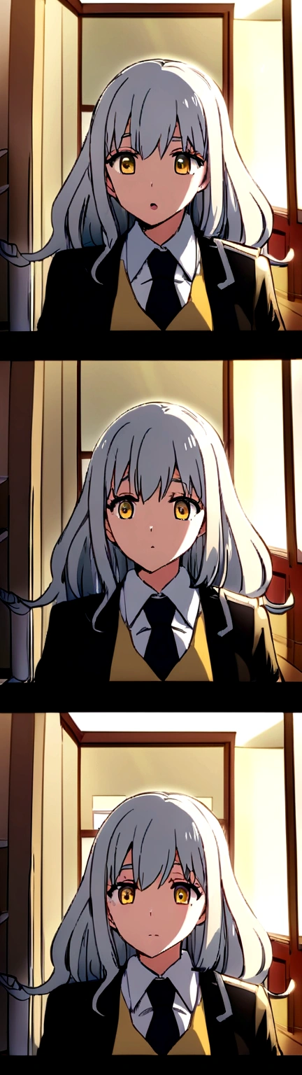 Animated girl in the anime My hero acedemy three months pregnant, with long hair, silver color and bangs, Yellow eyes. And in the background school hallways