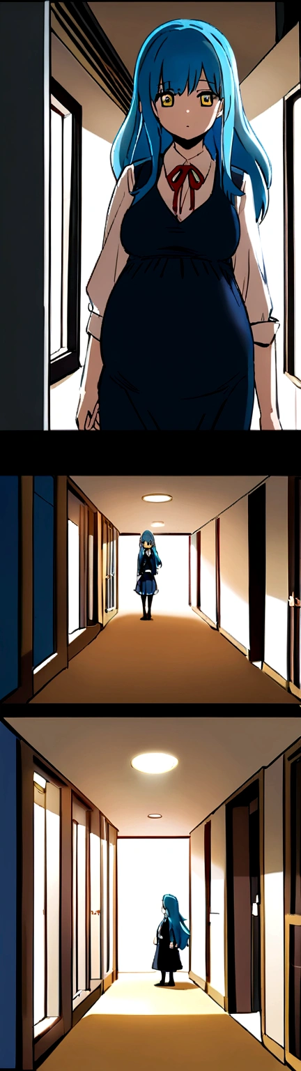 Animated girl in the anime My hero acedemy three months pregnant, with long hair, silver color and bangs, Yellow eyes. And in the background school hallways