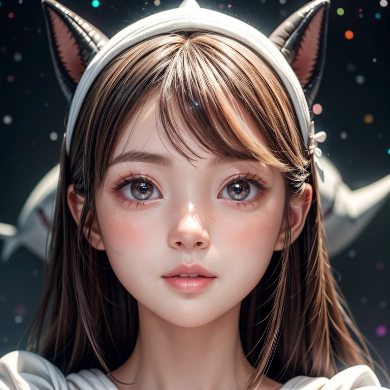 (Shark BodySuit), 8k, High-level, absurd, masterpiece, best quality, primitive, very detailed CG, very detailed wallpaper, perfect lighting, Extremely detailed ((( personifying " Shark" as a ))), MysticSight, Tyndall effect, Tyndall scattering, (Studio gray background with (Overflowing oodles Dazzling RainbowColorParticles (BokeH))), (RoundlyButts, ThighGap), (Exposed:0.4), (Assfocus with looking ahead) BREAK (Acutance:0.88), (NOGIZAKA face variations) Extremely Detailed very KAWAII face variations, perfect anatomy, Childish, CaptivatingGaze ElaboratePupils detailed Eyes with (sparkling highlights:1.28), (Voluminous LongEyelashes:0.88)、GlossyRED Lips with beautiful details, RosyCheeks, Radiant PearlSkin with Transparency . { (Dynamic LifeLike expressions:1.4) | (:d) }, (large eyes:-1) .
