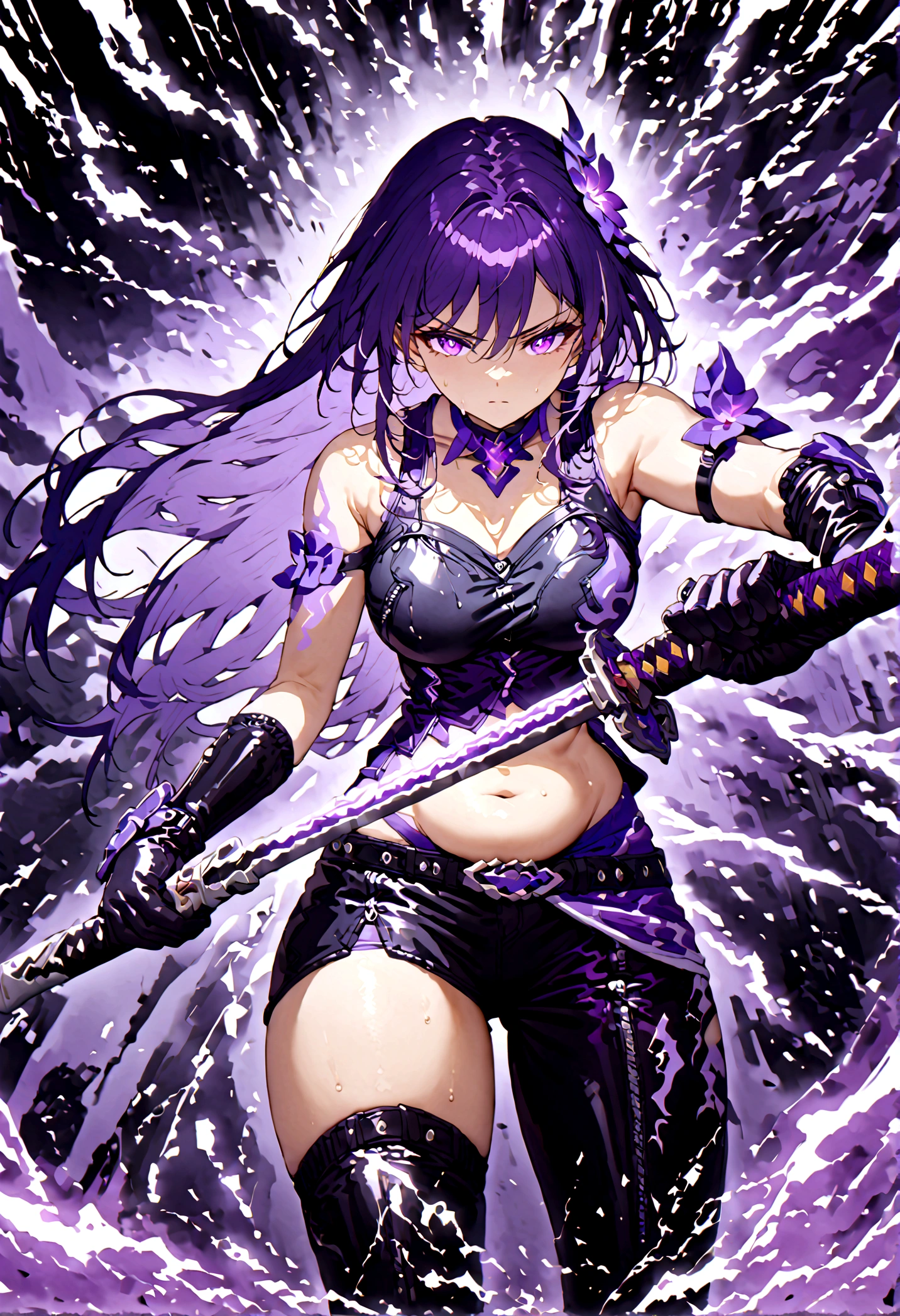 Anime girl with very long dark purple hair and a flower hair accessory wearing black short jeans with latex socks and a sport shoes wearing a cut shirt with no sleeves and half cut from below showing her belly with a black vest with short latex gloves purple glowing eyes holding katana in her hands her elemental power is purple thunder 