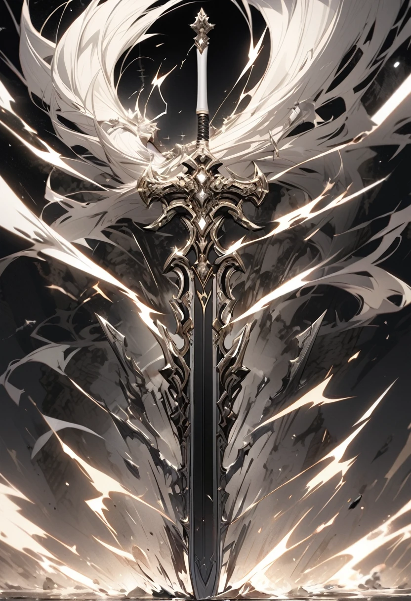 an extremely detailed curved sword made of black & white metal that has lightning sparking off of it