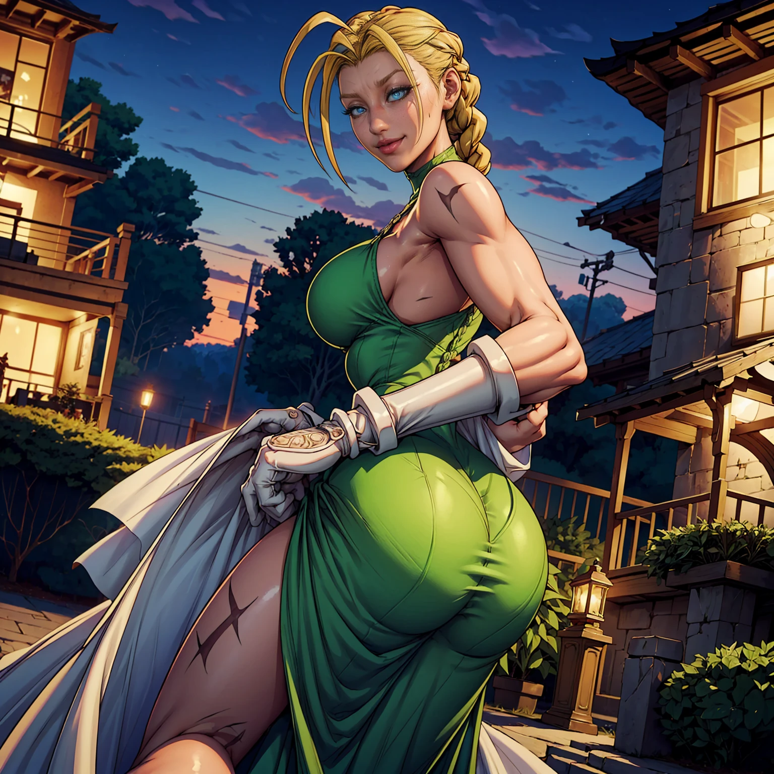 cammy2, ((blonde hair, twin braids, antenna hair, glowing blue eyes, wide eyes, scar on cheek, lipstick, makeup, narrow waist, skinny, medium breasts, alone)), pelvic curtain, ((green dress,wedding dress, Scooped up the ass, gloves)), full body, perfect body, (insanely detailed, beautiful detailed face, masterpiece, best quality) , (((solo))), (((1girl))), (((mature))), (extremely detailed 8k paper CG wall unit: 1.1), (wedding, garden, dusk), (smile face for the viewer), big ass, from back, behind