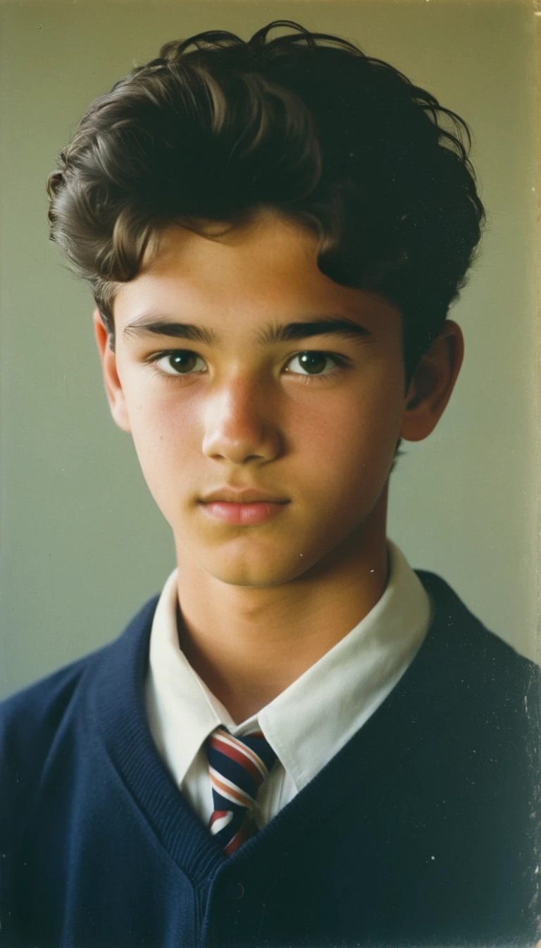 analog film photo, modern day photo of a young student, 14 years-old, male, brown-black hair, short curly quiff, brown eyes, caucasian, round face, oval-shaped jawline, bulbous nose, full lips, thick eyebrows, soft features, stocky broad frame, chubby, resembles Gavin Leatherwood, (relaxed school uniform:1.1), silhouette, backlit, split lighting, half face in shadow, RAW Photograph, dslr, hard lighting, hard shadows, high quality, film grain, Fujifilm XT3, detailed skin with visible pores, insane details, masterpiece, 8k, 35mm photograph, dslr, kodachrome, faded film, desaturated, 35mm photo, grainy, vintage, Kodachrome, Lomography, stained, highly detailed, found footage, yearbook portrait, contemporary, 2024
