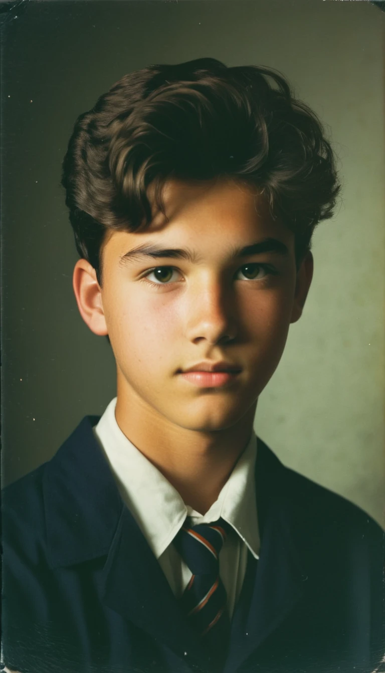 analog film photo, modern day photo of a young student, -old, malbrown-black hair, short curly quiff, brown eyes, caucasian, round face, oval-shaped jawline, bulbous nose, full lips, thick eyebrows, soft features, stocky broad frame, chubby, resembles Gavin Leatherwood, (relaxed school uniform:1.1), silhouette, backlit, split lighting, half face in shadow, RAW Photograph, dslr, hard lighting, hard shadows, high quality, film grain, Fujifilm XT3, detailed skin with visible pores, insane details, masterpiece, 8k, 35mm photograph, dslr, kodachrome, faded film, desaturated, 35mm photo, grainy, vintage, Kodachrome, Lomography, stained, highly detailed, found footage, yearbook portrait, contemporary, 2024