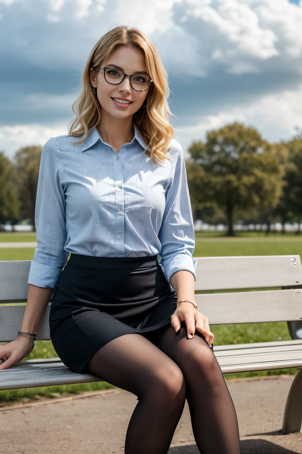 high quality,16K:1.1),((, German woman sitting on a park bench）, 、(Full Body Shot:1.2),(Background is Office 1.2),blonde、、Wavy Hair、Glasses、（tights、pumps）、ear piercing、smile、Beautiful teeth alignment、((Office Lady Suits、Knee-length skirt)), tights,,(View your audience:1.3),The background is a park with a cloudy sky
