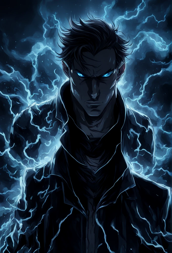 anime man with a dark and brooding demeanor, with glowing blue eyes and a malicious grin, into a powerful computer with visible electric currents flowing through his body, while ominous shadows surround him, (sinister:1.2), (dark and moody lighting), (ominous atmosphere), (contrast between light and darkness), horror