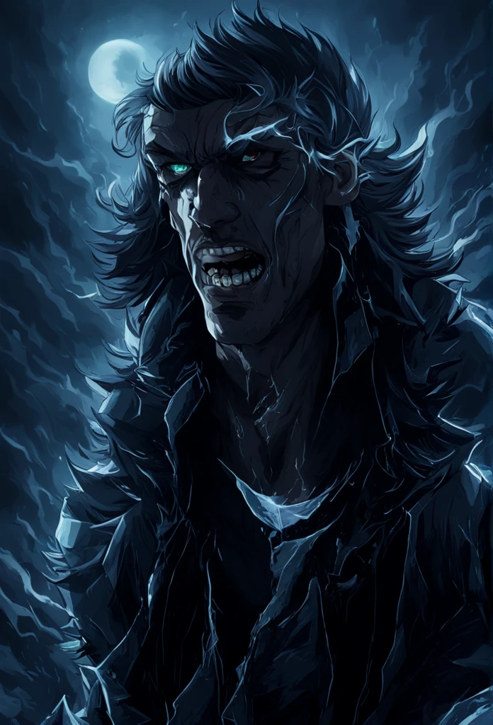 anime man with a dark and brooding demeanor, with glowing blue eyes and a malicious grin, into a powerful computer with visible electric currents flowing through his body, while ominous shadows surround him, (sinister:1.2), (dark and moody lighting), (ominous atmosphere), (contrast between light and darkness), horror
